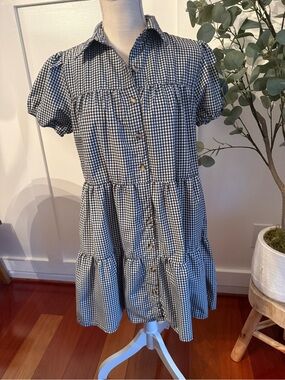 Gingham Button-Front Short Sleeve Tiered Dress - Black/White